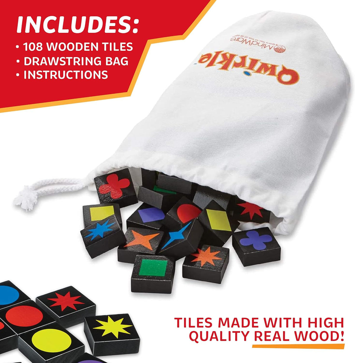 Qwirkle Bag with Tiles Pouring Out