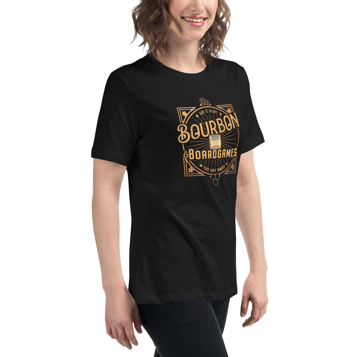 Bourbon and Boardgames Women&#39;s T-Shirt on Model