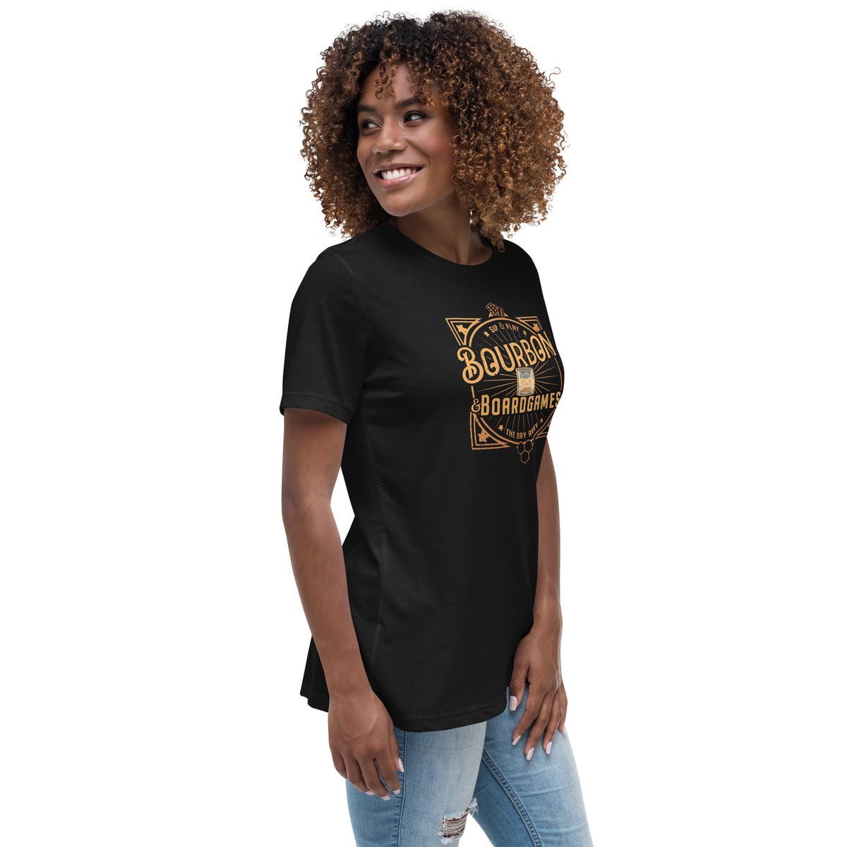 Bourbon and Boardgames Women&#39;s T-shirt on Model