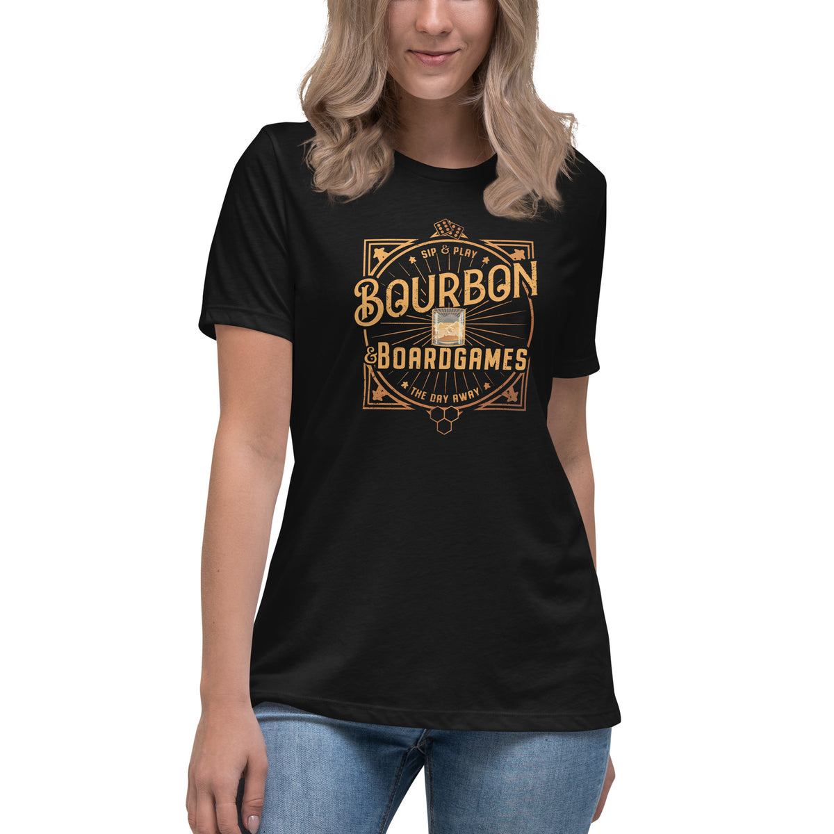 Bourbon and Boardgames Women&#39;s T-Shirt on a Model