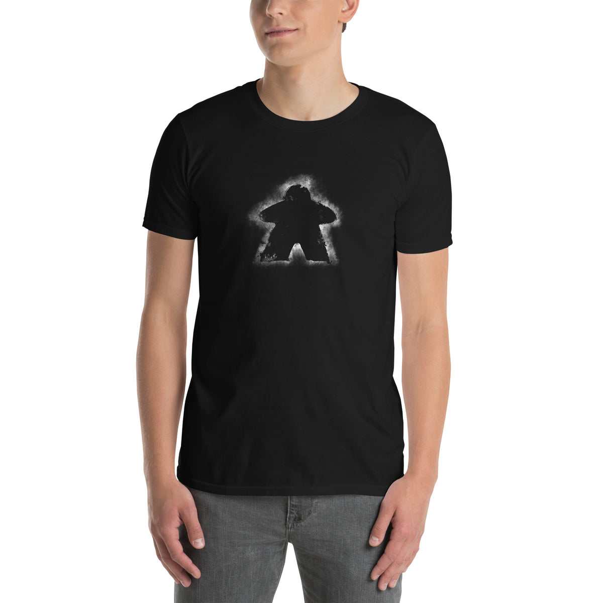 Model wearing a black meeple glow t-shirt