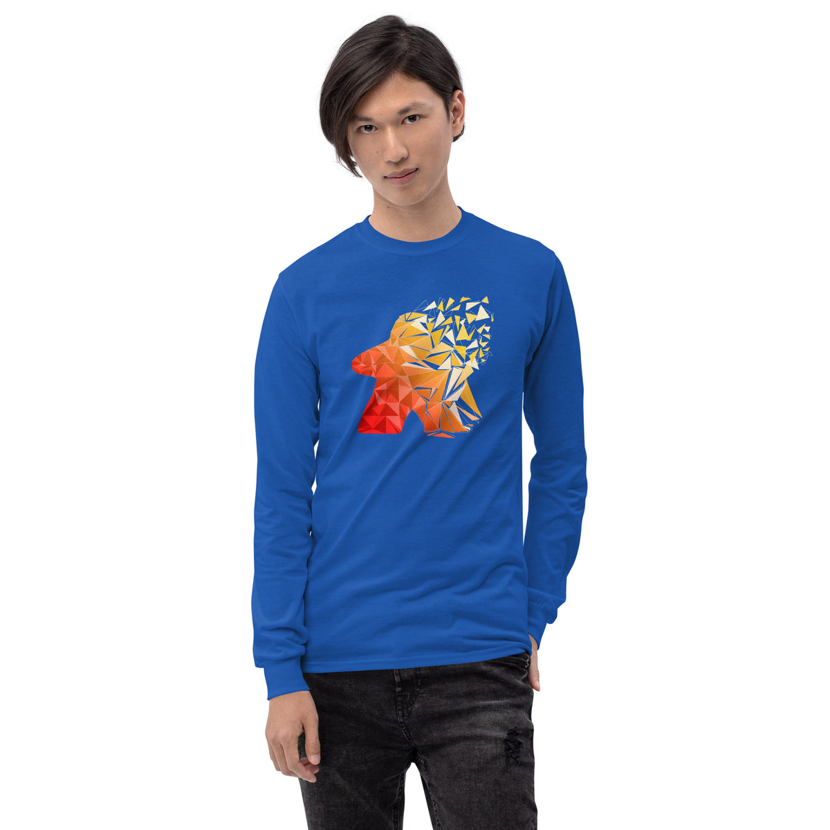 Model wearing long sleeve royal t-shirt with warm fragmented meeple design