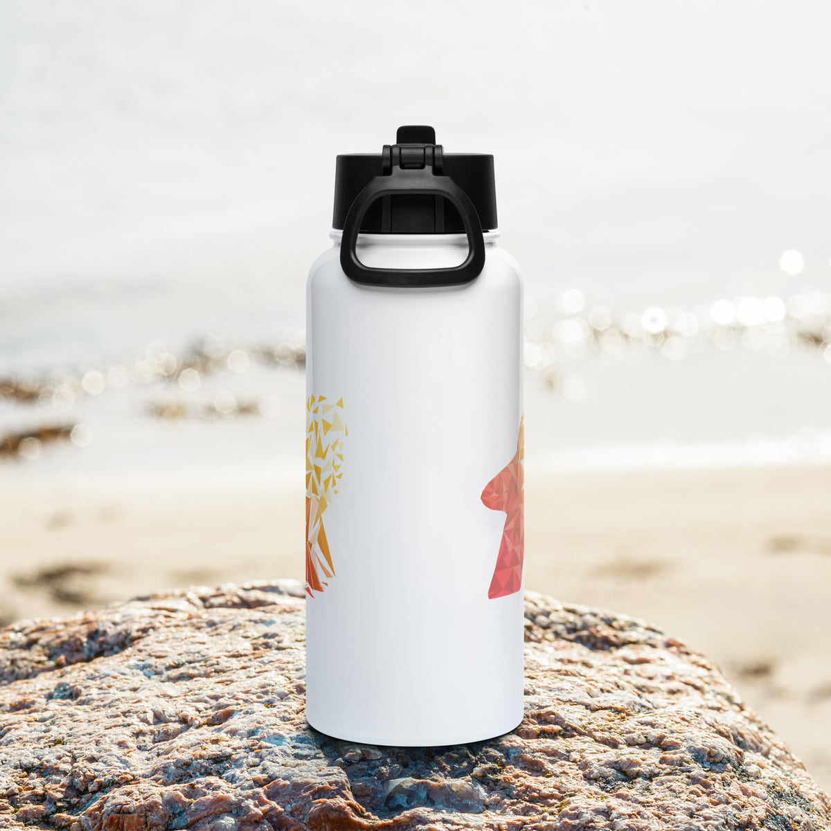 Our warm fragmented meeple design printed on a stainless steel water bottle - Back View