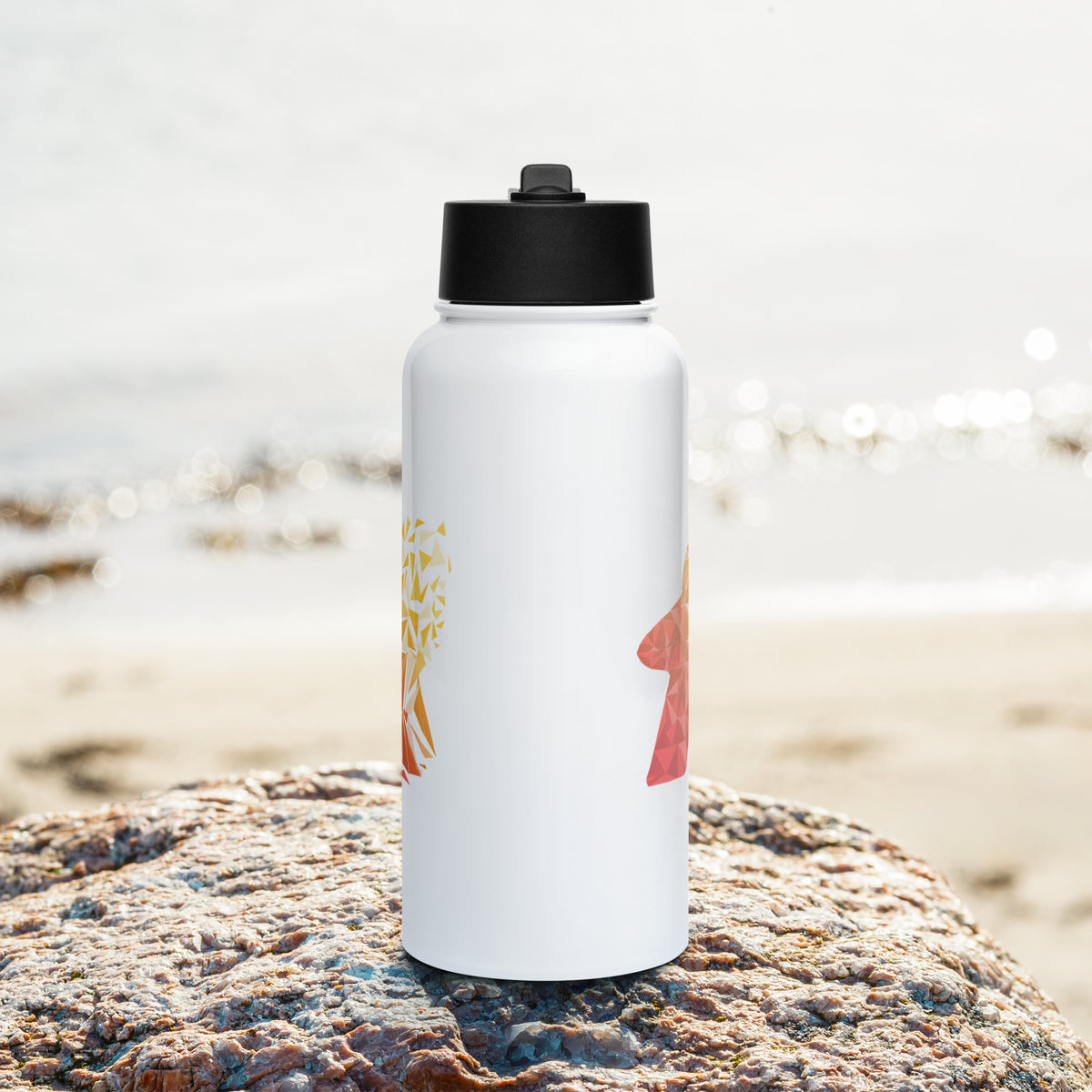 Our warm fragmented meeple design printed on a stainless steel water bottle - Side View