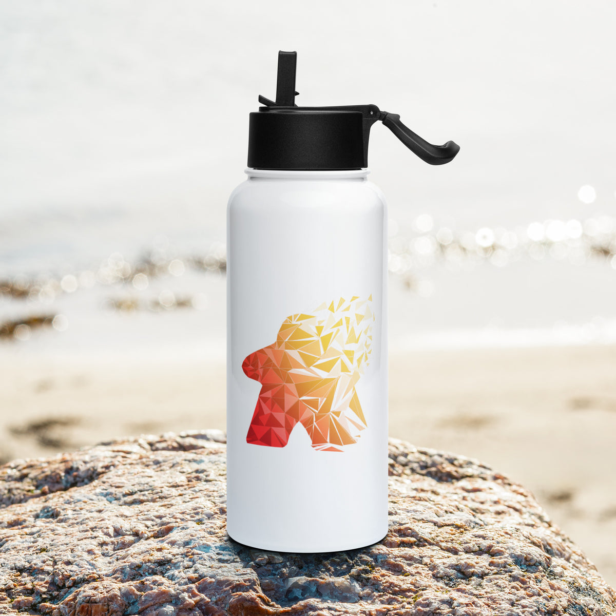 Our warm fragmented meeple design printed on a stainless steel water bottle - Open Top