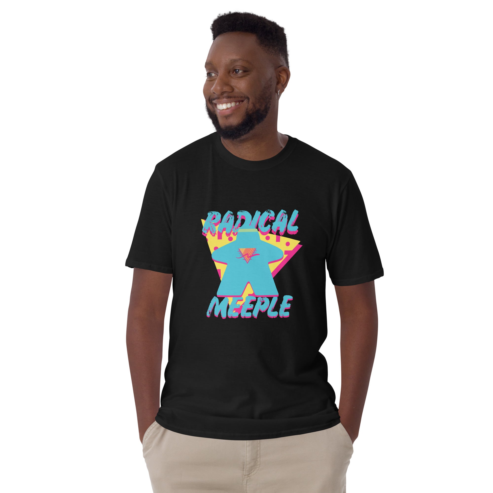 Radical Meeple design on a black t-shirt