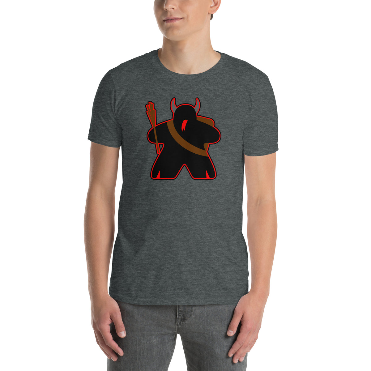 Krampus Meeple on Gray T-Shirt Worn by Model