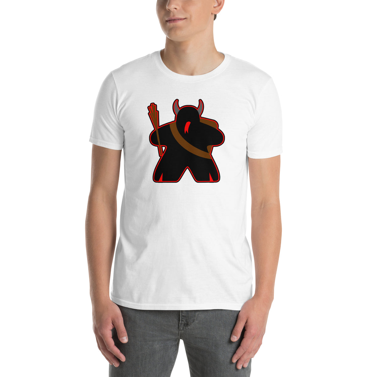 Krampus Meeple on White T-Shirt Worn by Model