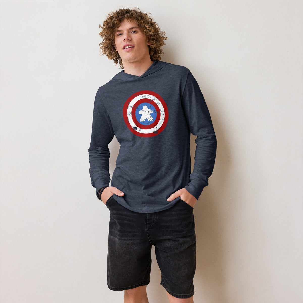 Captain Meeple Shield Board Game Hooded Longsleeve T-Shirt