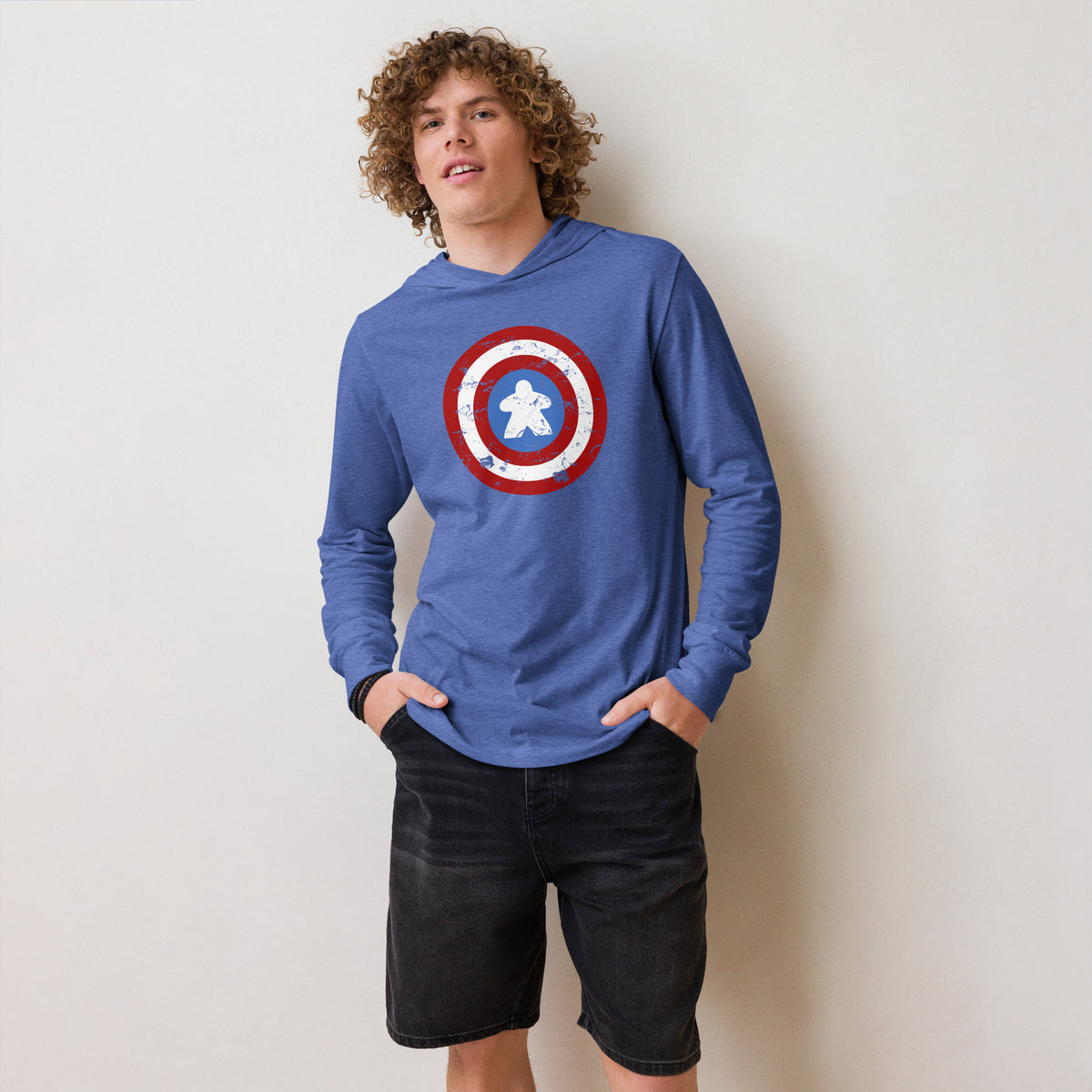 Captain Meeple Shield Board Game Hooded Longsleeve T-Shirt