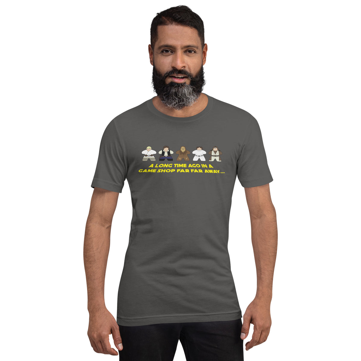 Asphalt Grey T-Shirt with Star Wars Meeples Parody Design on model