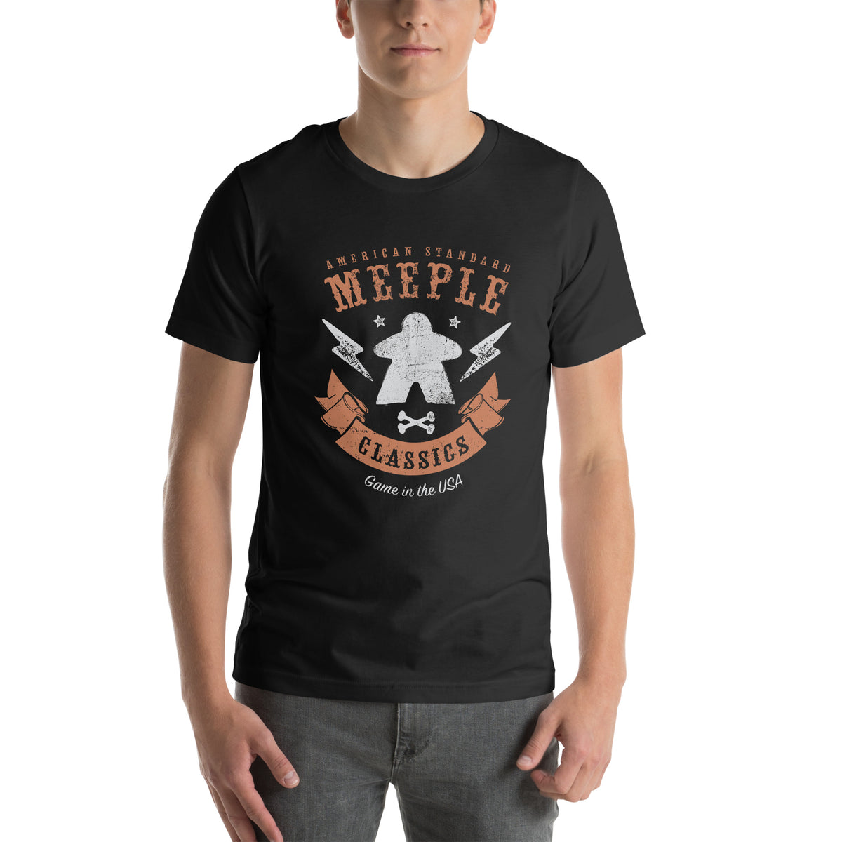 American Meeple Classics design on a black t-shirt worn by a model