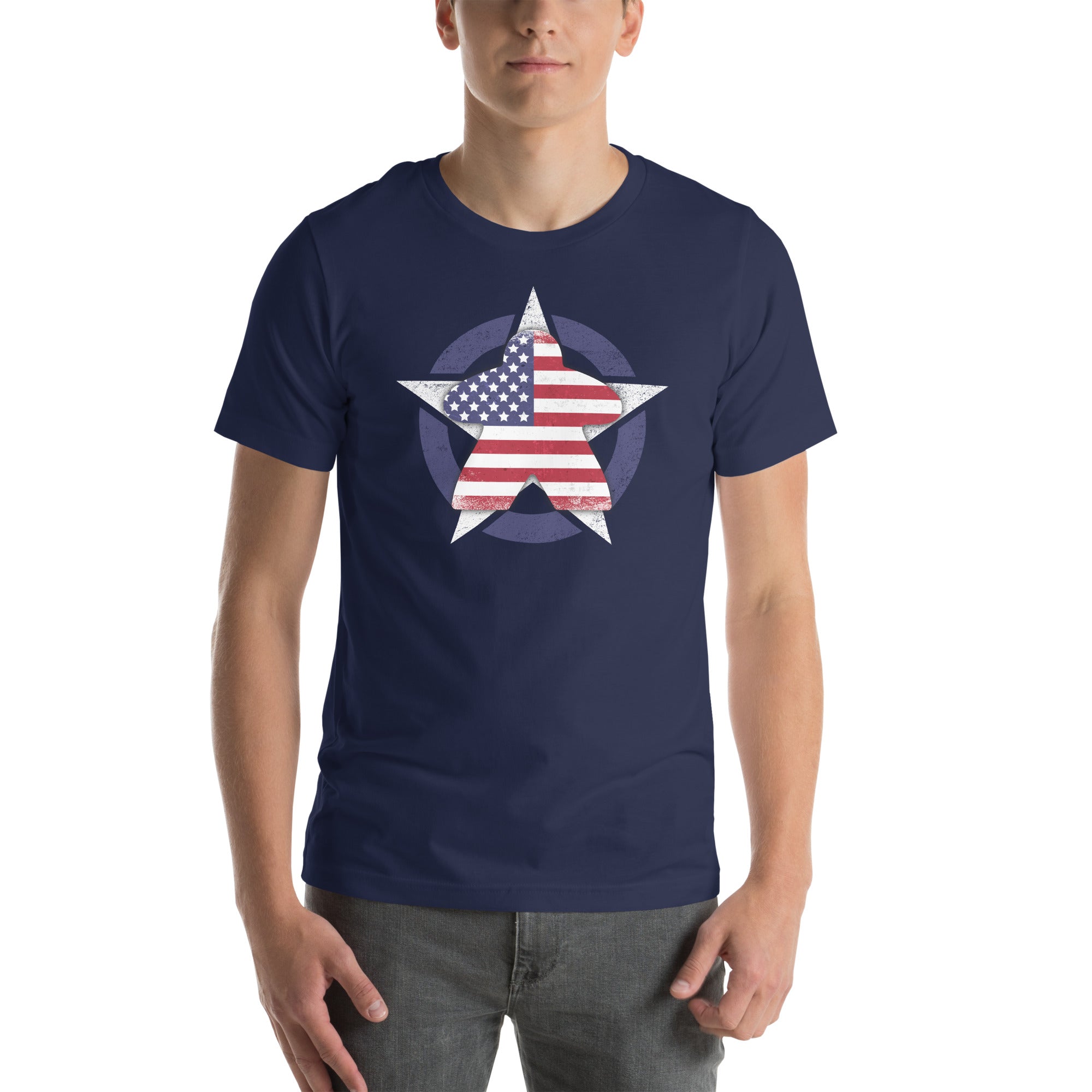 American flag meeple design on navy t-shirt worn by model