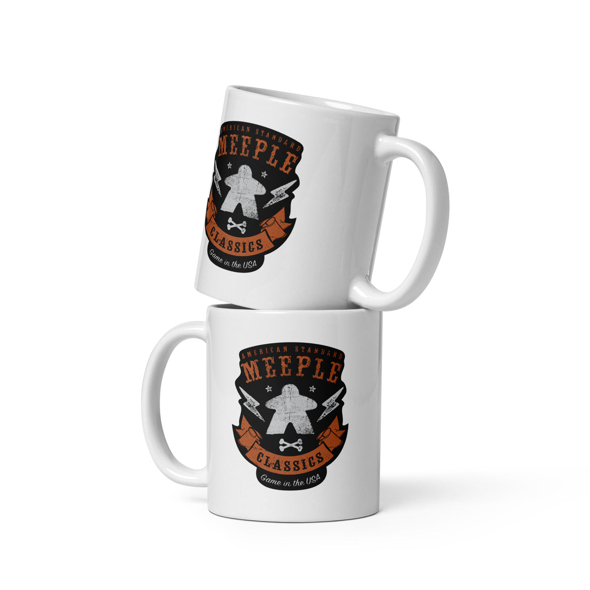 Two stacked mugs with the American meeple classics design on them