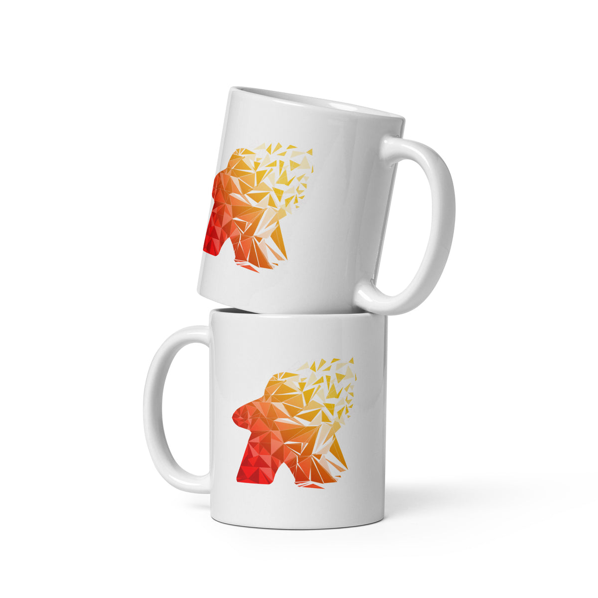 warm fragmented meeple design on a white ceramic mug