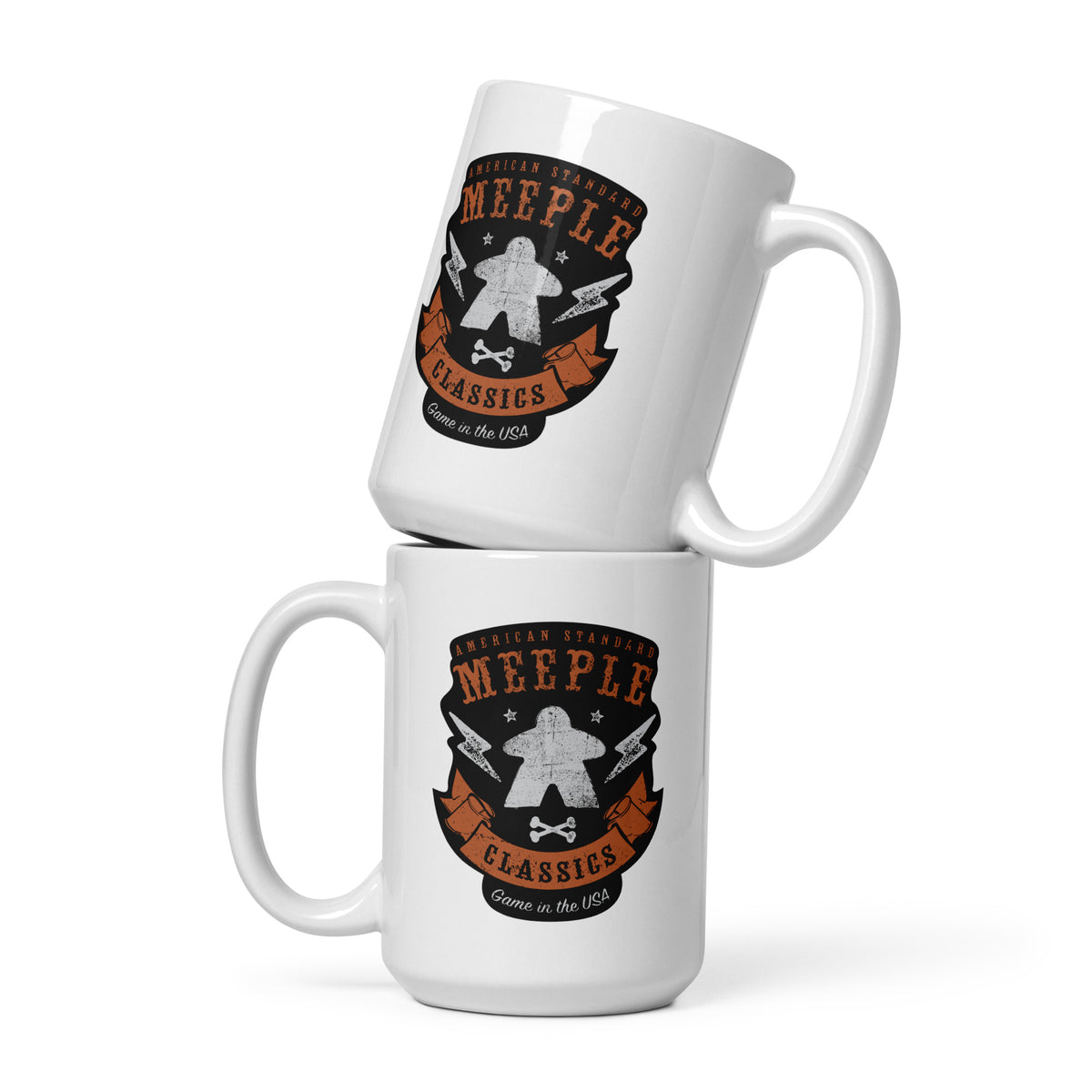 Two stacked mugs with the American meeple classics design on them - Different Angle